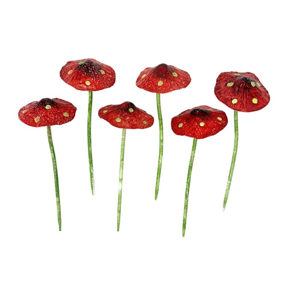 Set of 6 Red Metal Mushroom Plant Stakes 9.5 Inch Glow in the Dark Decor